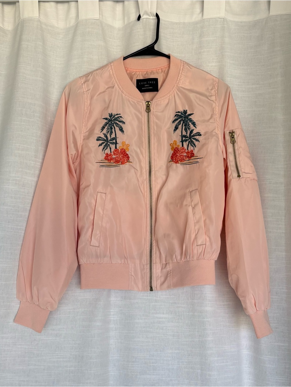Love Tree Light Pink Embroidered Tropical Bomber Jacket